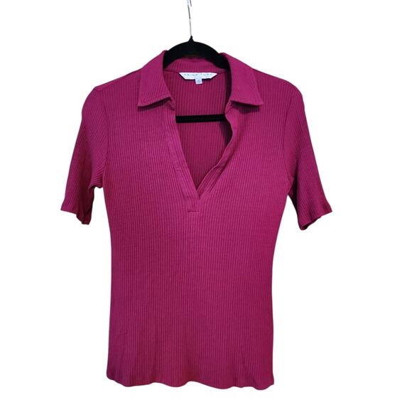 Trina Turk Ribbed Knit V-neck Polo Sweater Top Elbow Length Sleeves sz Small - Picture 1 of 7